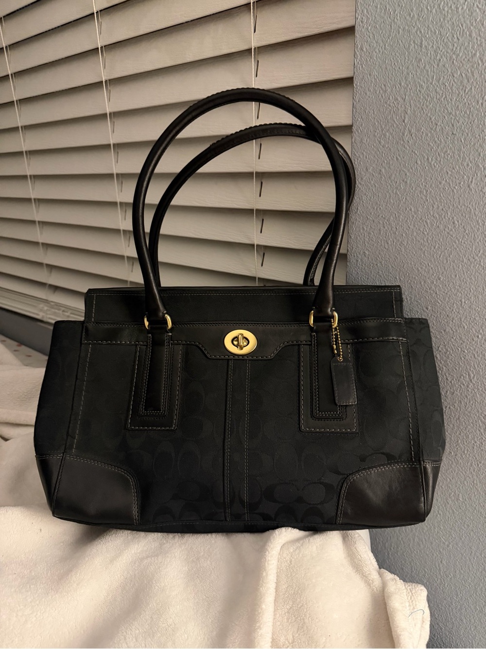 Coach Black Signature Tote with Gold Turnlock Accent